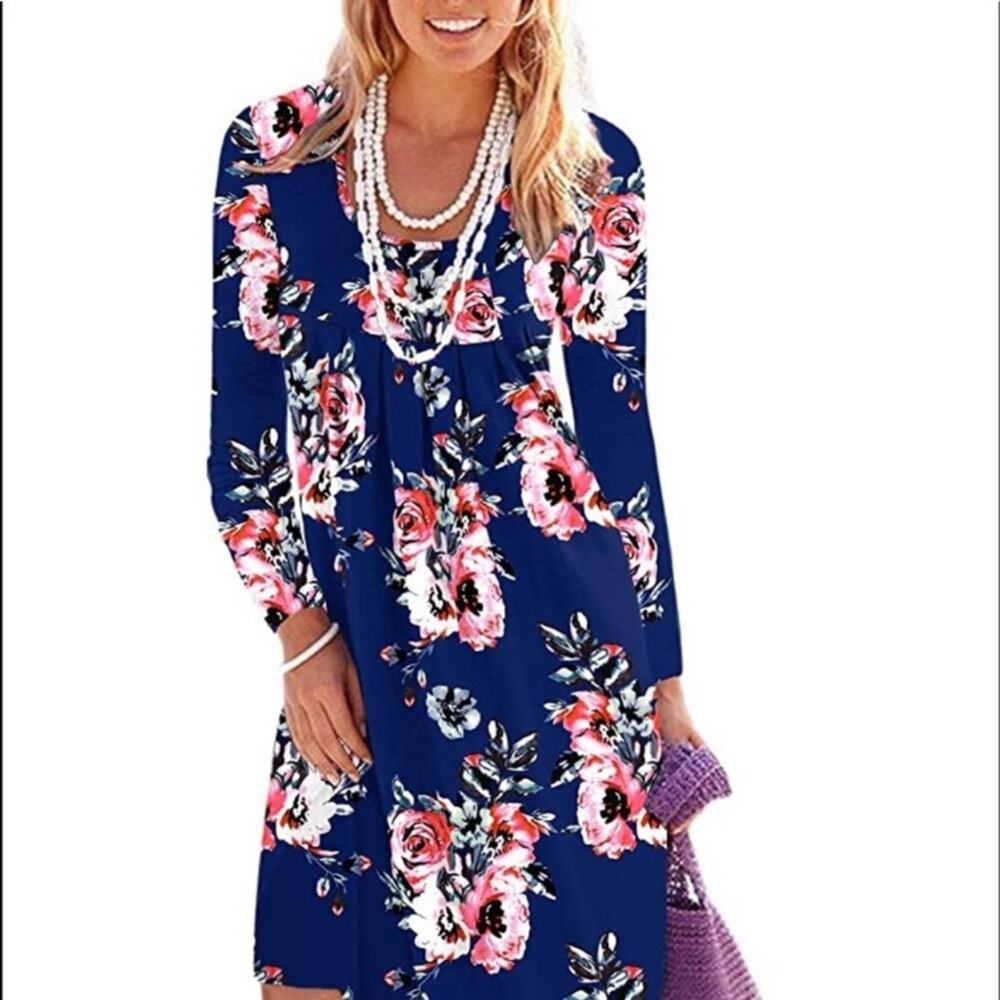 Dearcase Dress Blue Pink Floral Jersey Long Sleeve V-Neck Swing Dress Large NEW